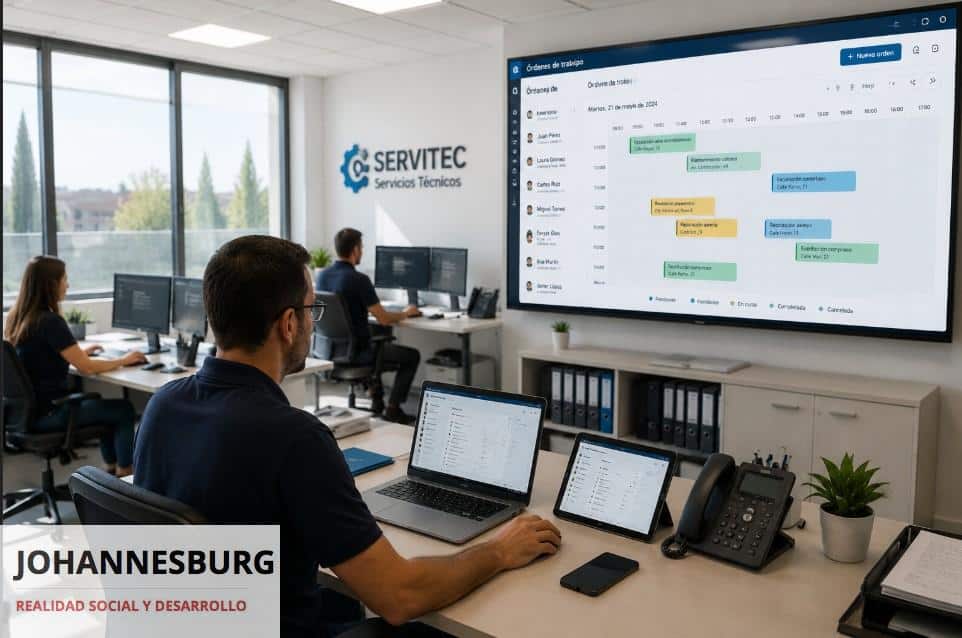 Oficina moderna con planificador de técnicos usando software de partes de trabajo en la nube