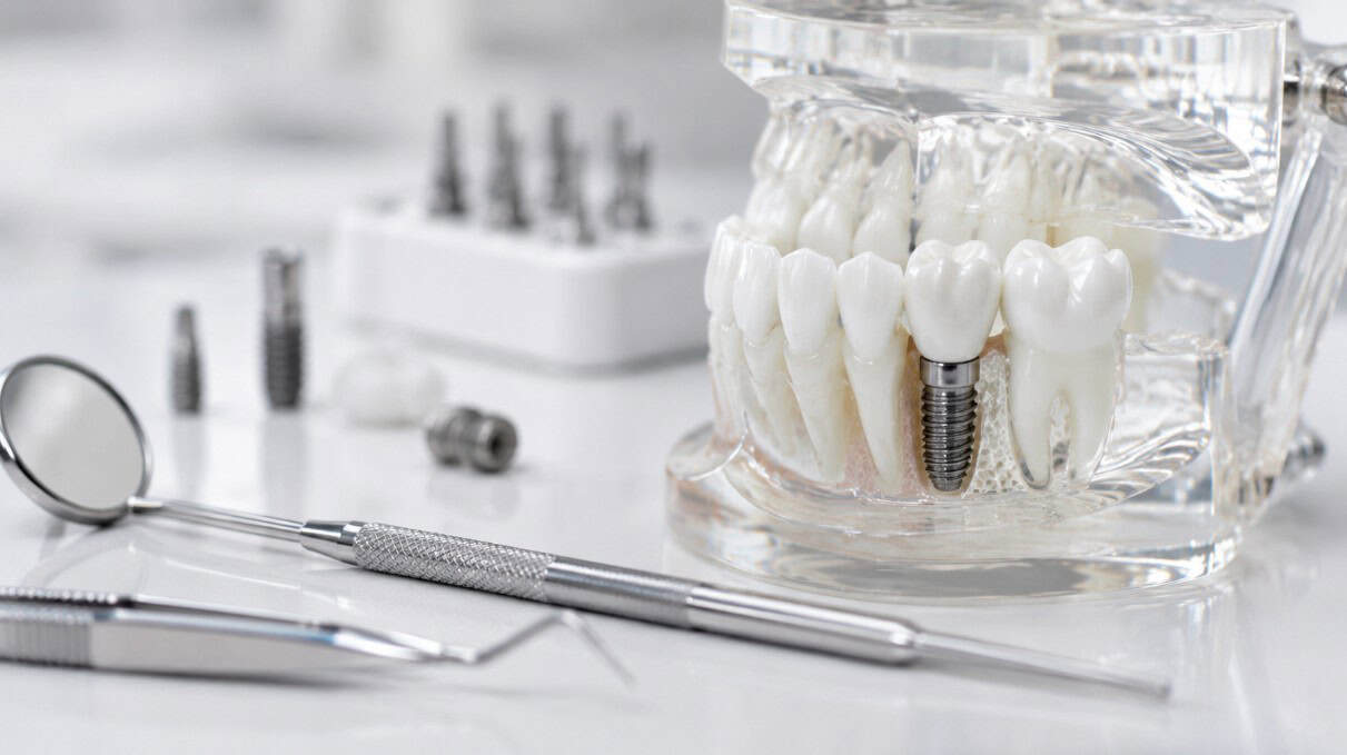 Detalle de un implante dental y material odontológico